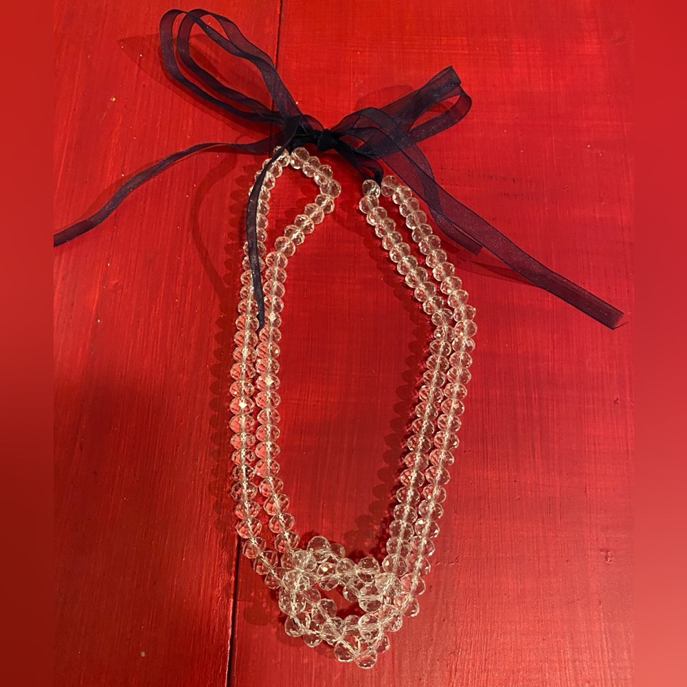 Elegant Clear Beaded Necklace with Navy Ribbon